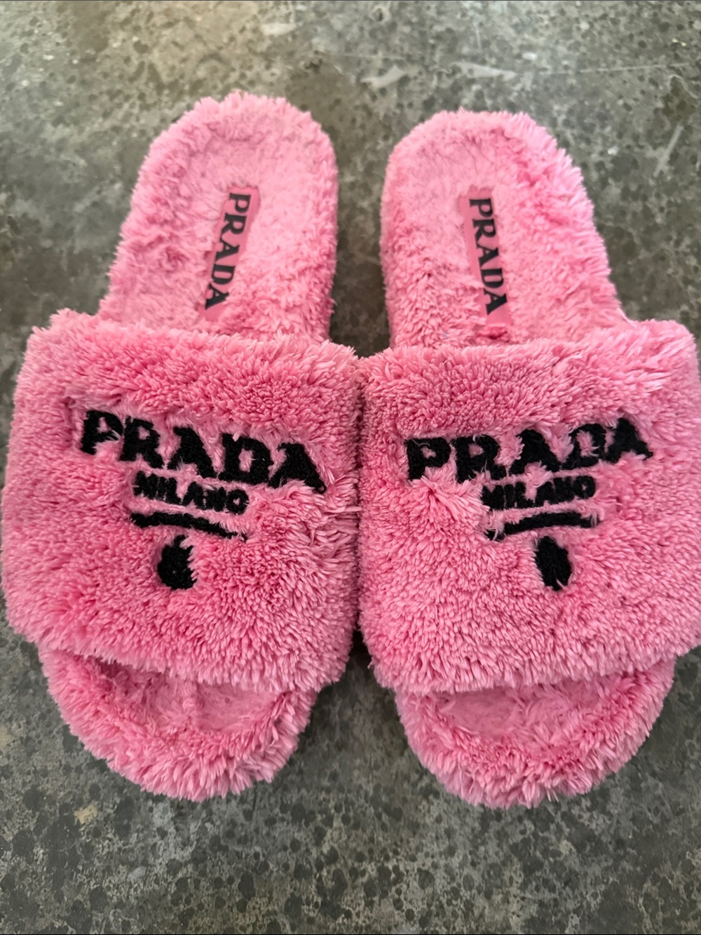 Prada Pink Plush Logo Slide Sandals
